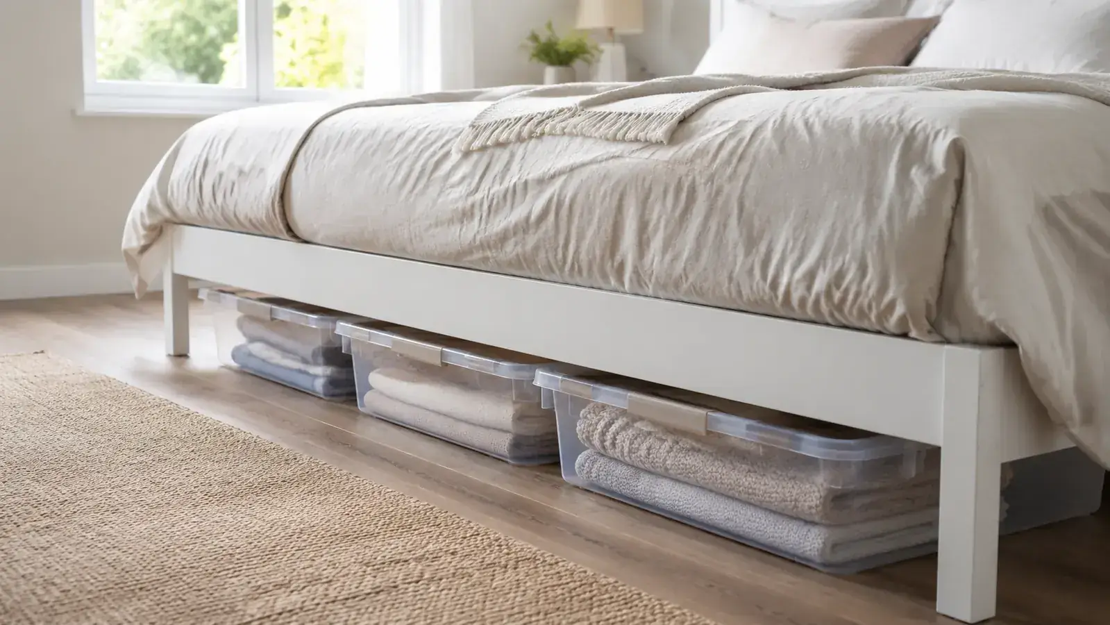 Neatly organized bedroom with under-bed storage bins visible beneath a white bed frame, morning light from a window