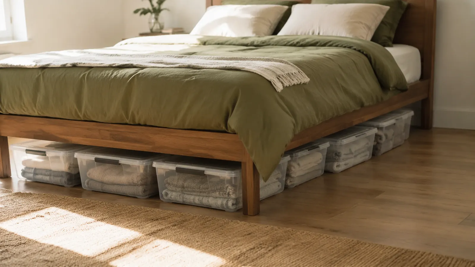 Sterilite clear latching storage bins lined up neatly under a bed frame, organized seasonal clothes visible through the clear plastic