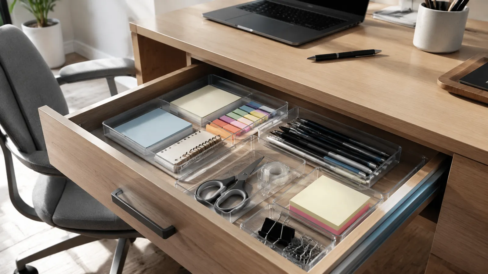 Organized office desk drawer with clear bins holding pens, sticky notes, scissors, and a tape dispenser