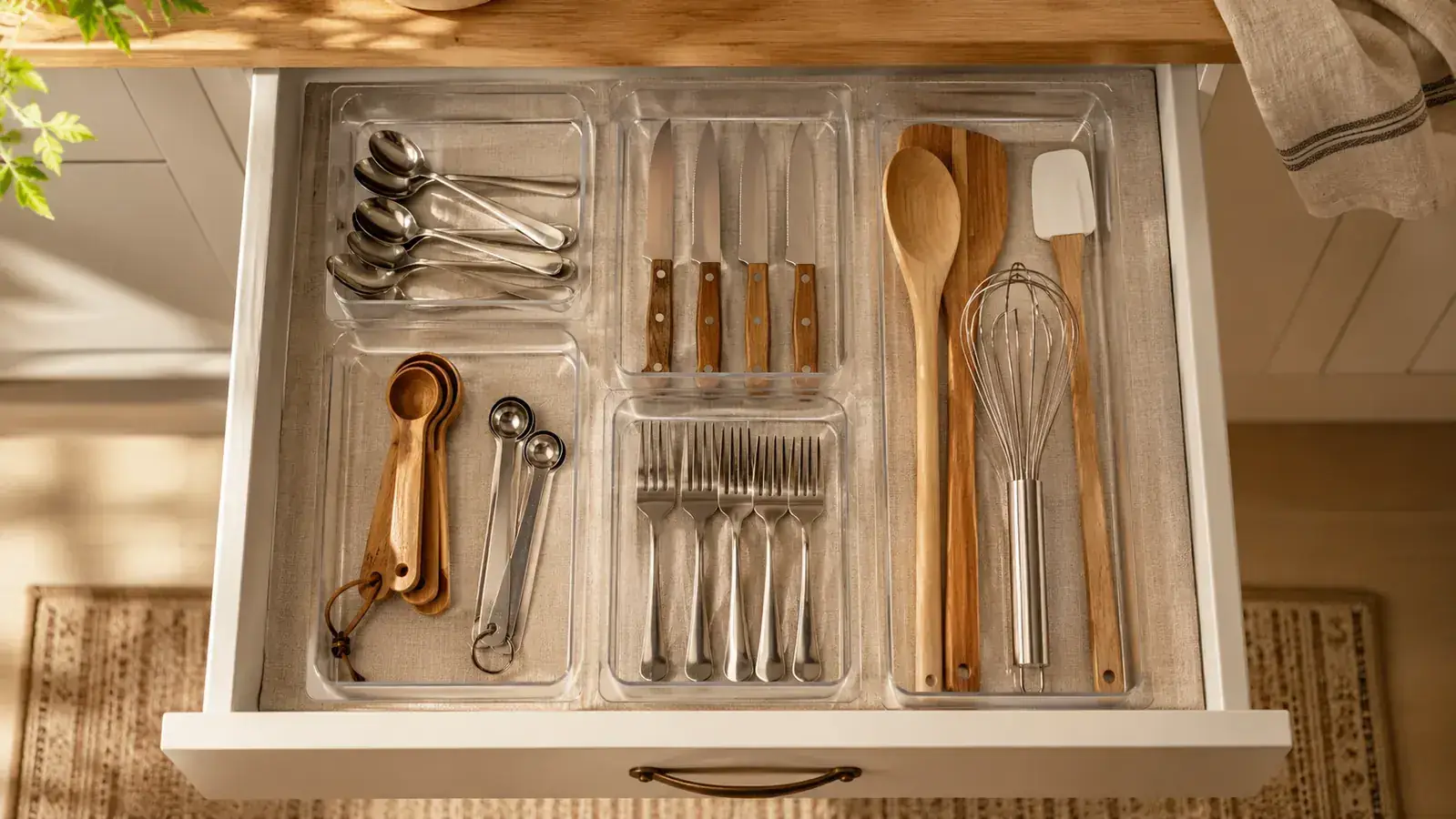 Neatly organized kitchen drawer with clear plastic bins sorted by category, overhead view on a warm linen countertop