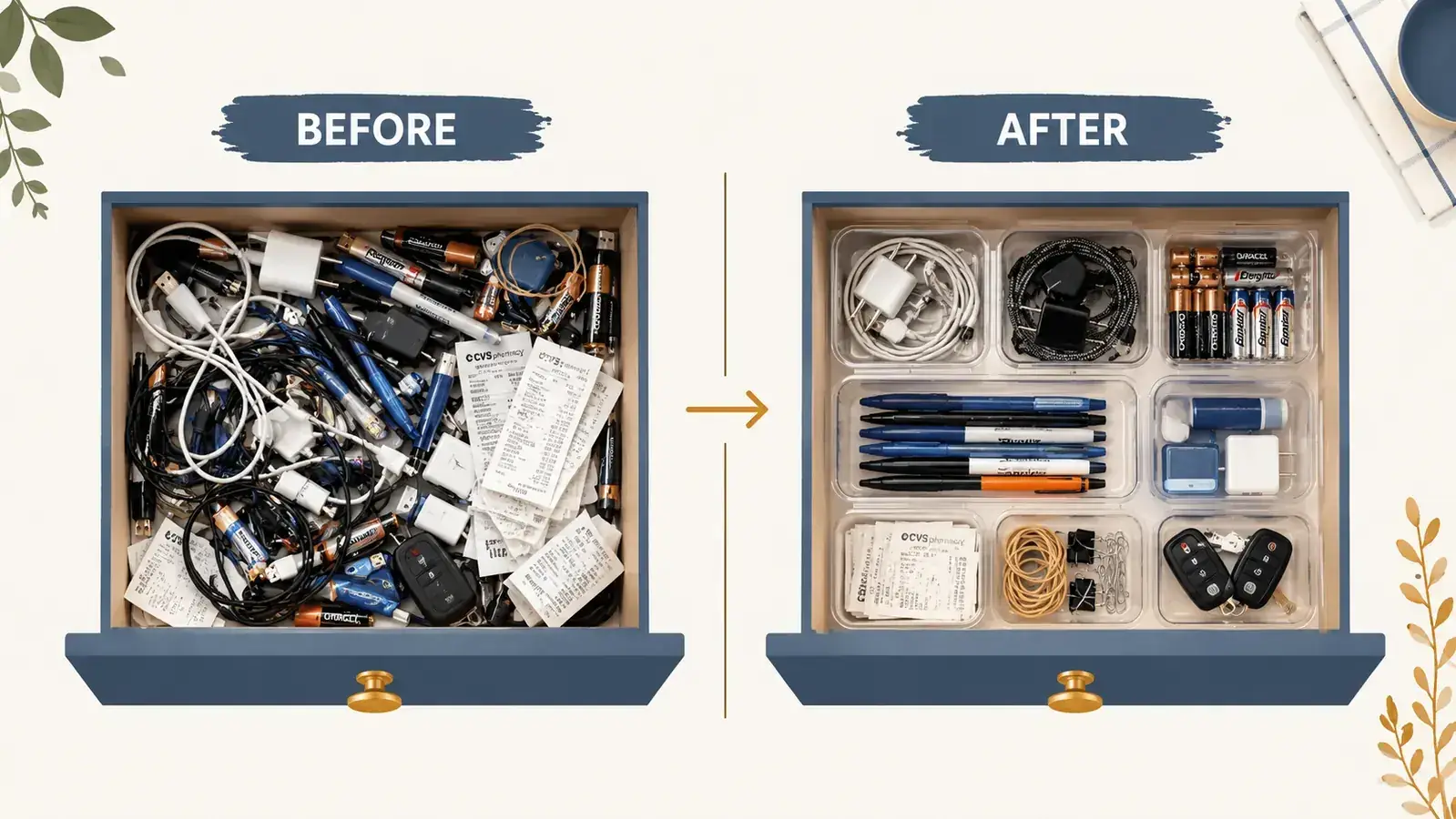 Before and after split showing a chaotic junk drawer on the left and the same drawer neatly organized with clear bins on the right