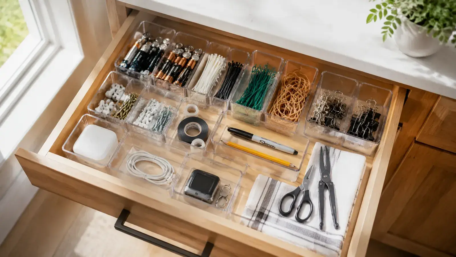 Neatly organized kitchen drawer with clear plastic organizer bins sorted by category: utensils, twist ties, batteries, and tape