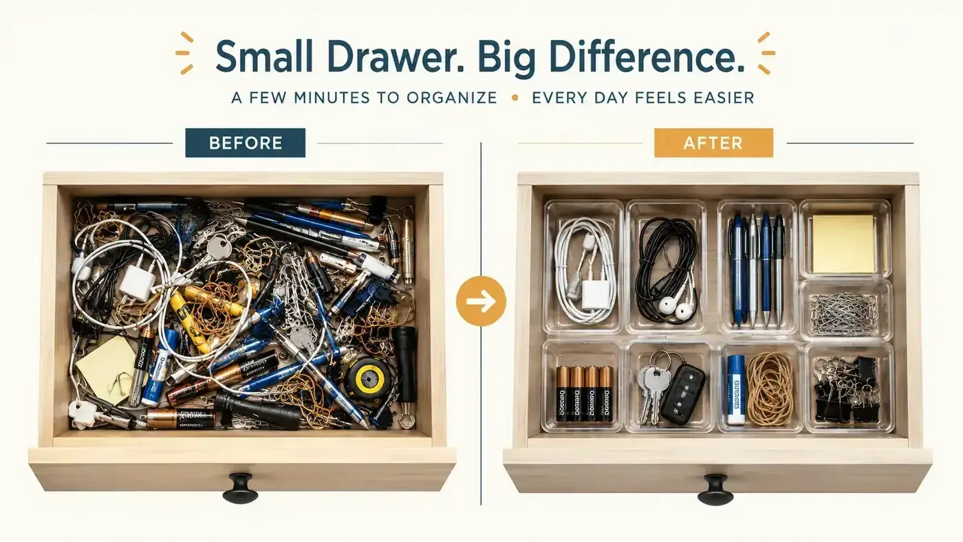 Before-and-after drawer comparison showing tangled junk drawer versus neatly divided clear bins