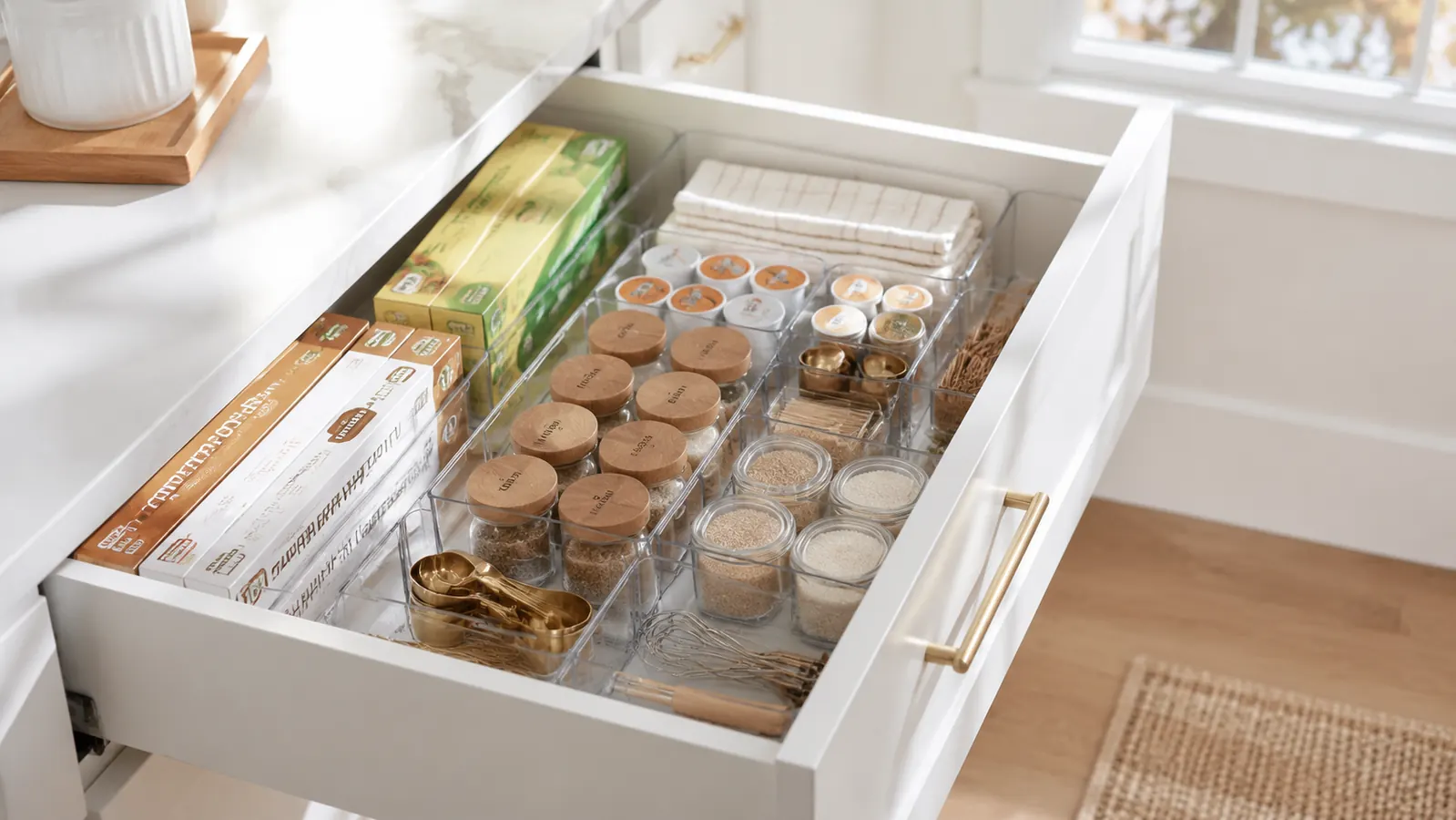Bright kitchen with clean countertops and neatly organized open drawer showing clear plastic bins