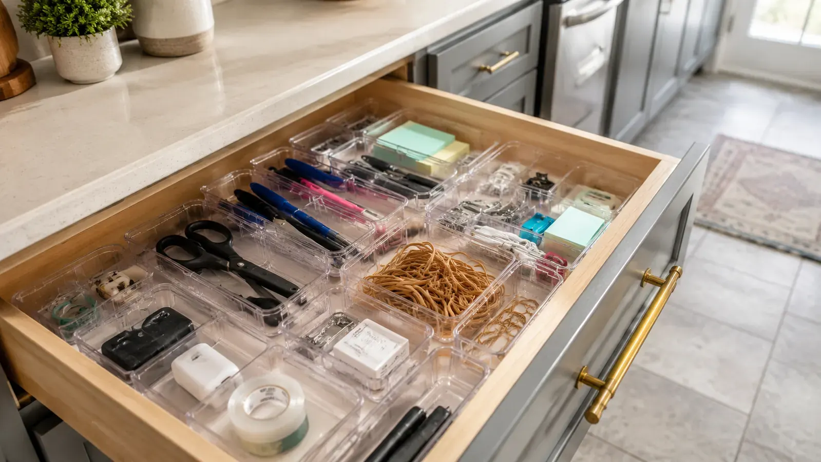 Organized kitchen drawer filled with clear plastic compartments holding utensils and small tools in a bright, tidy kitchen